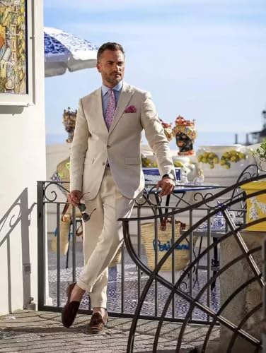 HZUOU Men's Linen Suits 2 Piece Slim Fit Suit Prom Beach Wedding Groomsman Jacket Pants Set Casual Summer Linen Outfit UOU844