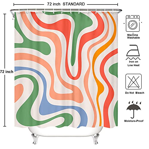 Retro Shower Curtain Aesthetic Shower Curtain 72Wx72L Inch 70S Shower Curtain Cute Shower Curtain Vintage Colorful Groovy Wavy Swirl Funky Trendy 60S Abstract Boho Waterproof Polyester Fabric 12 Hooks #TOP6