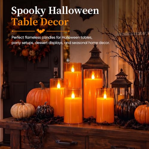 Image of Homemory Halloween Orange Flameless Candles, Acrylic, Remote Timer, 9 Pack | Flameless LED pillar candles, battery operated candles, remote timer, Halloween candles, fall decor, harvest, party decor