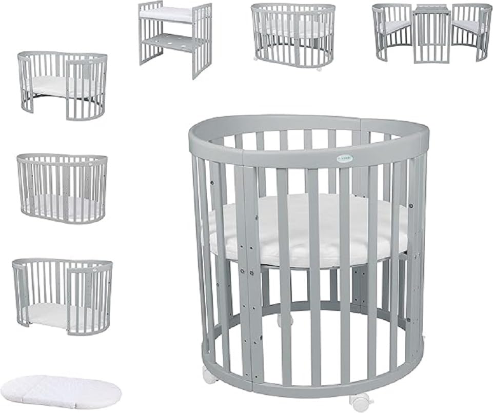 Waldin baby bed 7in1 made of wood with mattress, cot that grows with the child, ventilated, adjustable in 5 positions, all-inclusive set - grey