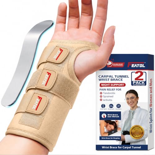 Image of FEATOL Carpal Tunnel Wrist Brace 2 Pack, Splint Night Support Women Men