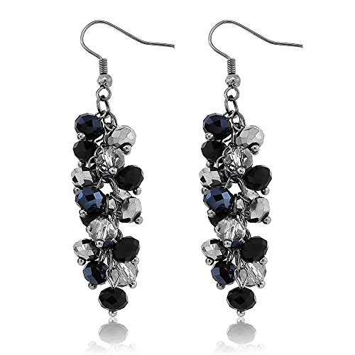 Gem Stone King 2 Inch Black and Silver Cluster Faceted Crystal Dangle Hook Earrings For Women2