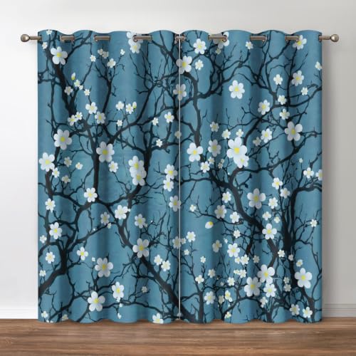 Jekeno Floral Cherry Blossom Blue Blackout Curtains 52"x84" 2 Panels