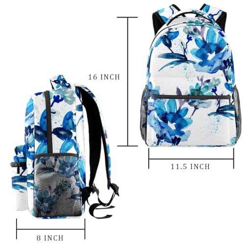 Sac à dos d'école résistant fleurs aquarelles bleues pour ados