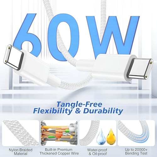 Image of 20W USB-C Charger for iPhone 15 /15 Plus /15 Pro /15 Pro Max, iPad Pro /Air /Mini, Fast Charging Adapter with 3ft Braided Cable, White, Type-C Power Adapter for Rapid Charge, White