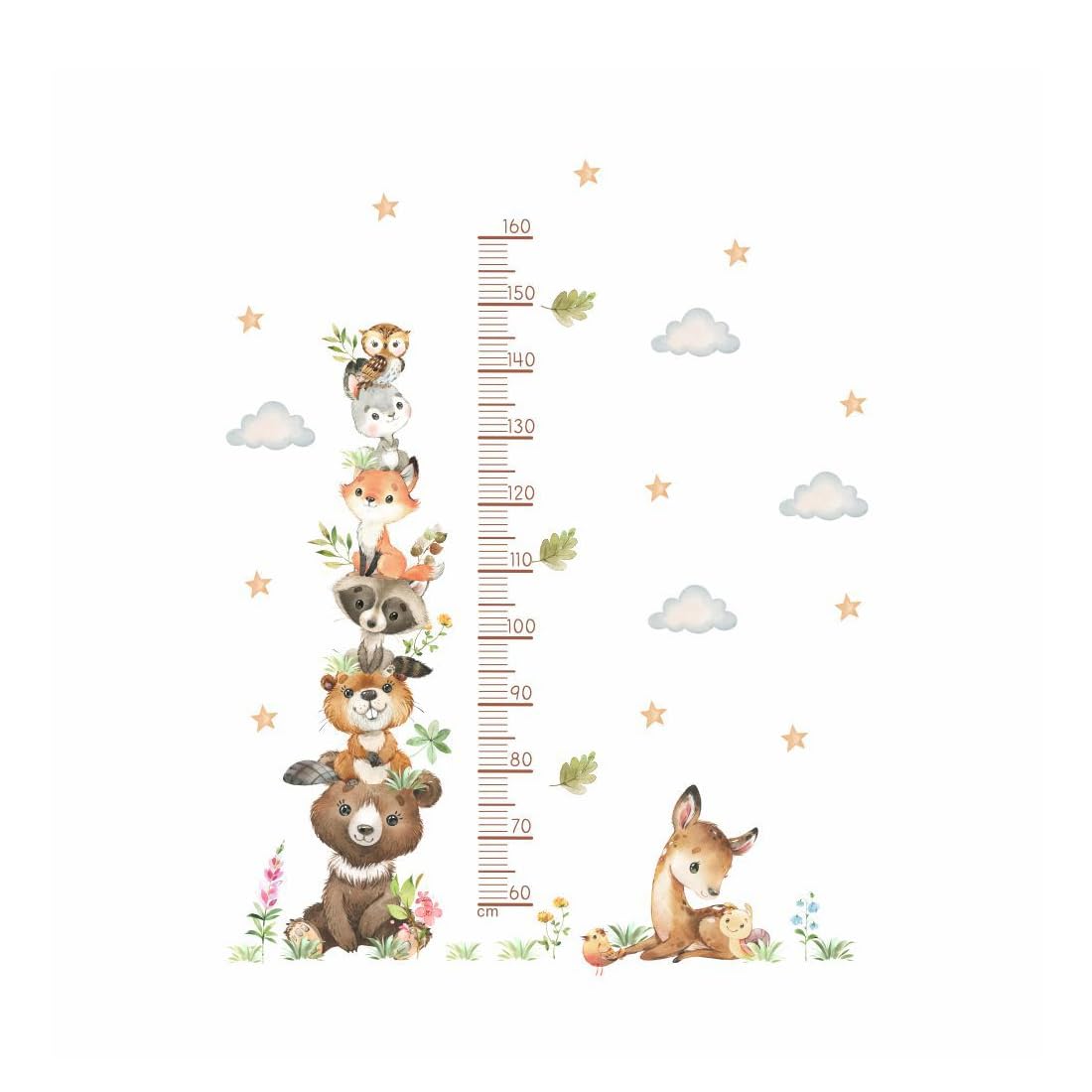 GXGM Toise Murale Enfant,60-160 cm Animaux de la Forêt Tableau de Hauteur,Stickers Muraux Enfants,Toise Enfant,Autocollant Mural Autocollant Animaux de la Forêt,Autocollant Mural Toise pour Enfants
