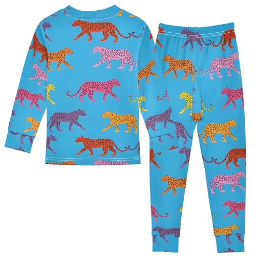Pajama Sets Long Sleeve Colorful Leopard on Blue Soft Comfy Sleepwear 2 Piece PJS 3-8T3