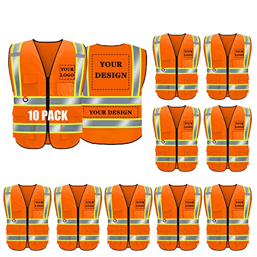 Safety Vest Custom Logo, Class 2 Personalized High Visibility Reflective Vest with 5 Pockets and Zipper,10 Pack (014Orange, XXL)