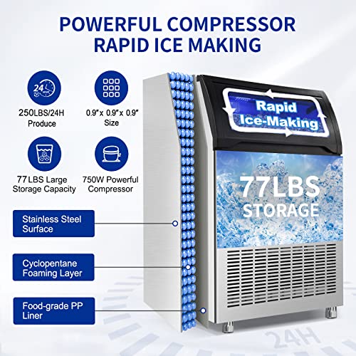 Commercial Ice Maker 250Lbs/24H Under Counter Ice Machine With 77Lbs Storage Capacity, 90Pcs Ice Cubes In 11Min Stainless Steel Freestanding Clear Cube Ice Making Machine For Bar, Restaurant Business #TOP3