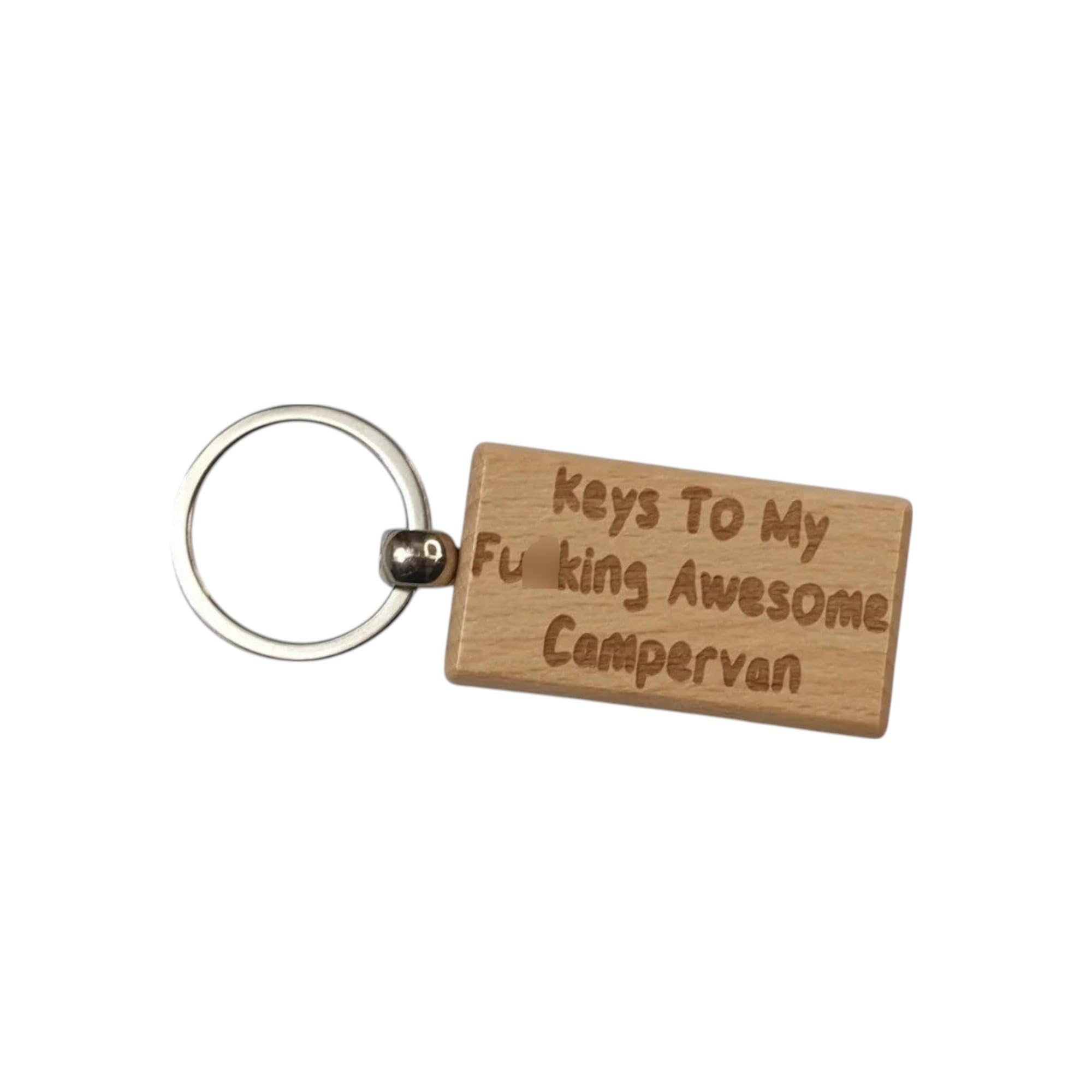 Decalarama Brown Campervan Keyring Gift Keys To My Fu*King Awesome Cute Rude Engraved Wooden Key Fob Chain Fun Novelty Nice Owner Present
