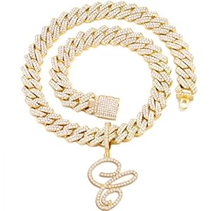 Gold Silver Plated Initial Cuban Link Chain Necklace for Women Cursive Letter Gold Miami cuban link chain Iced out chain with pendant for women