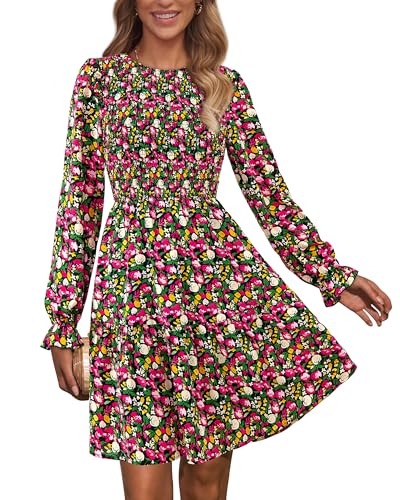 Image of KIRUNDO Long Sleeve Dress for Women 2025 Summer Fall Wedding Guest Smocked Floral Crewneck Ruffle A Line Flowy Mini Dress