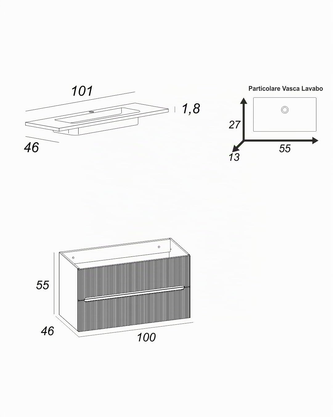 Generico Mobile bagno sospeso 100 cm frontali plissé e lavabo in ceramica (Verde Opaco)