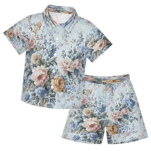 Boccsty Pink Blue French Floral Boy Summer Shorts Sets Hawaiian Toddler Boys T-Shirt & Pants 2 Pcs 3T