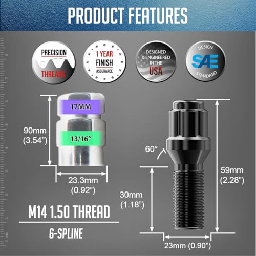 Image of Wheel Accessories Parts 20 Pcs M14 x 1.50 Thread Acorn Seat Spline Lug Bolt Black Finish 30mm Shank Length Car Spline fits Land Rover Range Rover | Volvo S60 S90 XC40 XC60 XC70 XC90 | Older BMW