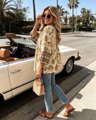 Image of Vivilli Womens Summer Boho Babydoll Tops 3 /4 Sleeve Pleated Peplum Blouses Casual V Neck Tie Front 2026 Tunic Tops
