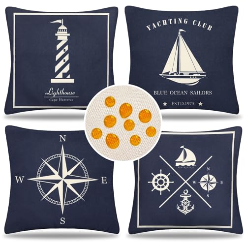 Serento Fundas de Almohada Exterior Fundas Cojin Impermeable Nautico 50 X 50 cm Fundas de Cojines Marinos Azul Marino Decoración para Barcos, Comedor, Interior Exterior en Barco Juego de 4