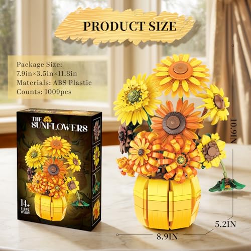 Image of Flowers Building Set for Adults Teens, Van Gogh Art Botanical Collection for Woman Girls 14+, Sunflower Pot Bouquet Plant Kit Compatible with Lego, Home Decor Valentines 1009PCS