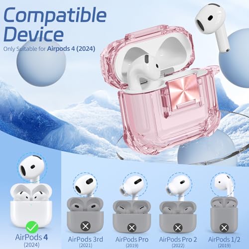 Safety Lock for Airpods 4 Case, Clear Pink for Apple Airpod 4 Case (2024) (USB-C), for Airpod 4 Case Cover with Cleaner kit for Girly Women, Air Pod 4 Case with Lanyard and Keychain, Clear Pink