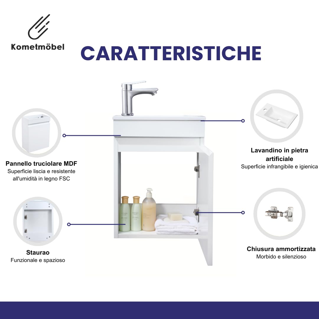 Mobile Bagno Sospeso 40cm con Lavabo in Resina - Mobiletto Salvaspazio per Bagno di Servizio - Già Assemblato (Bianco 40cm, Con Rubinetto Cromo)
