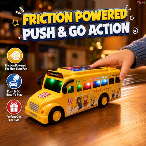 Image of VikriDA Friction Powered School Bus Toy for Kids | Light & Sound Battery Operated Vehicle with LED Effects