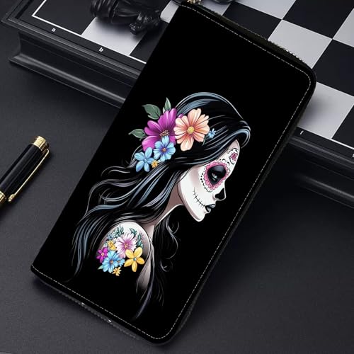 Image of RFID Blocking Leather Wallet for Women - Large Capacity Zip Around Clutch with 8 Card Slots,25 Cash Pockets & Coin Zipper,Sugar Skull Flower