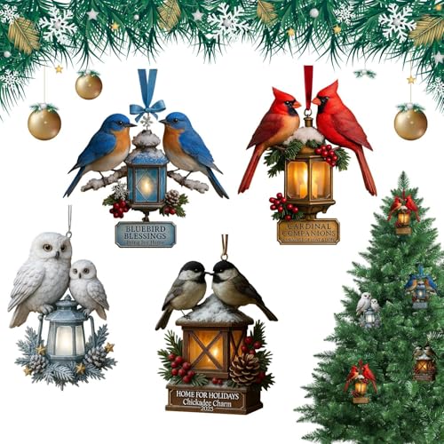 Decoraciones para árboles de Navidad - Colgantes de Invierno acrílicos de 8 cm 4 Piezas | Diseño de pájaro, Pino y Linterna Decoraciones navideñas, repisa, Chimenea, Puerta, decoración de casa de