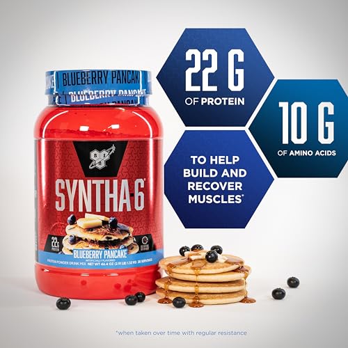 Image of BSN SYNTHA-6 Premium Protein Powder with 6g of Fiber, Whey Protein, Micellar Casein, Milk Protein Isolate Blend, 5g Fat, Blueberry Pancake, 28 Servings (Packaging May Vary)