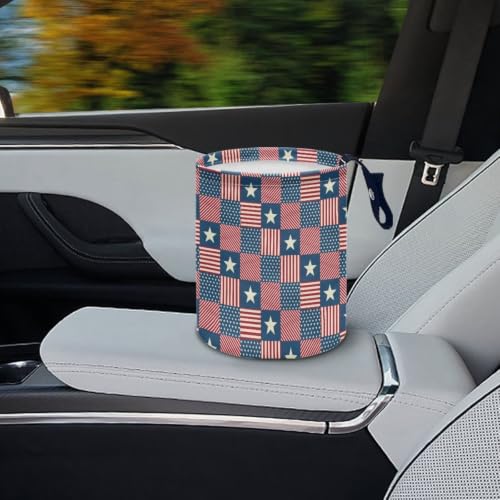 Image of American Flag Star Print Hanging Portable Car Trash Can Waste Basket Car Accessories Interior Collapsible for Men and Women Easy to Install