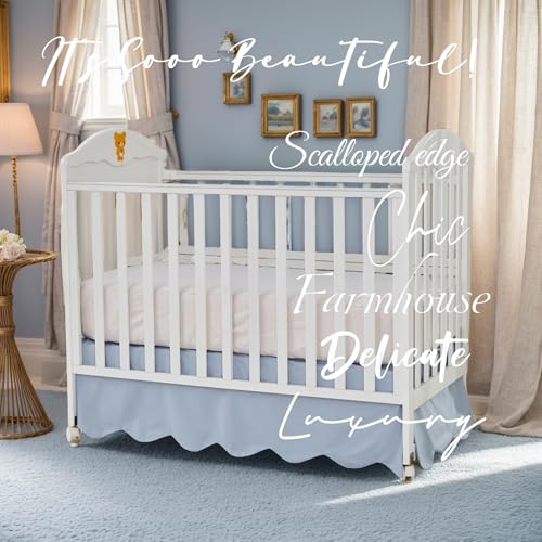 Image of Brandream Scallop Edge Cotton Crib Skirt, Baby Boy Girl Gender Neutral Crib Skirt Toddler Bedskirt Farmhouse Chic Nursery Crib Bed Skirt, Boho Bohemian Solid Mist Blue