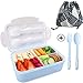 JiaHome 1400ml Bento Box con 3 Scomparti e Posate(Forchetta e Cucchiaio), Adatto a Microonde e Lavastoviglie (Blu + Borsa Porta Pranzo)