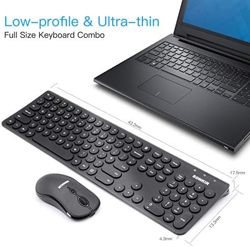 2.4G Wireless Keyboard Mouse Combo, Sonkir K-20 Rechargeable Full-Size Compact Keyboard Set with Numeric Keypad 3 Adjustable Ergonomic Mice for Computer Desktop PC Laptop Smart TV - Black