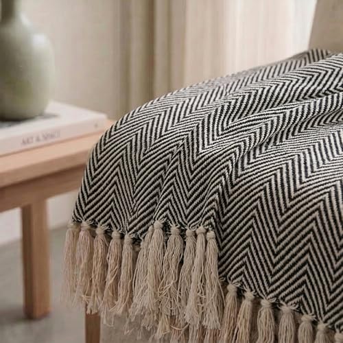 Image of SAJAVAT HOME Hand-Knitted Cotton Sofa Throw | Black & White Tassel Design for 3 & 5 Seater Sofa & Bed | Soft Lightweight All-Season Throw Blanket (80x52 Inches)