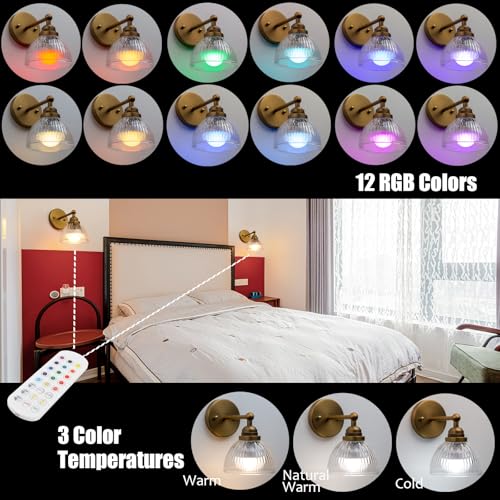 Image of Phansthy Industrial Rechargeable Battery Operated Wall Sconce with Remote Control, Clear Striped Glass Shade Wall Lamp, Vintage Dimmable Indoor Wall Light for Bedroom Living Room Restaurant (Antique)