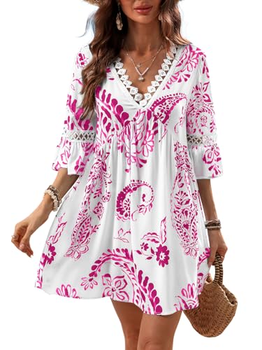 CUPSHE Mini robe d'été décontractée à manches 3/4 avec col en V e...