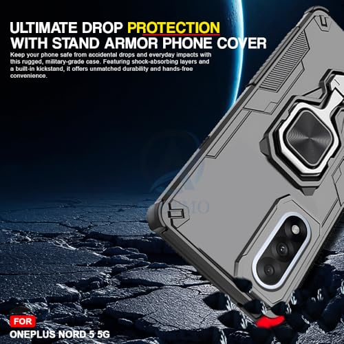 Image of AESTMO Armor Back Cover for OnePlus Nord 5 5G | Ring Holder & Kickstand & Camera Protection in-Built | 360 Degree Protection Back Case Cover (Black)