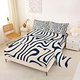 Homewish Elegante juego de sábanas geométricas para cama doble, color azul profundo y beige, ropa de cama geométrica moderna, juego de sábanas de 4 piezas