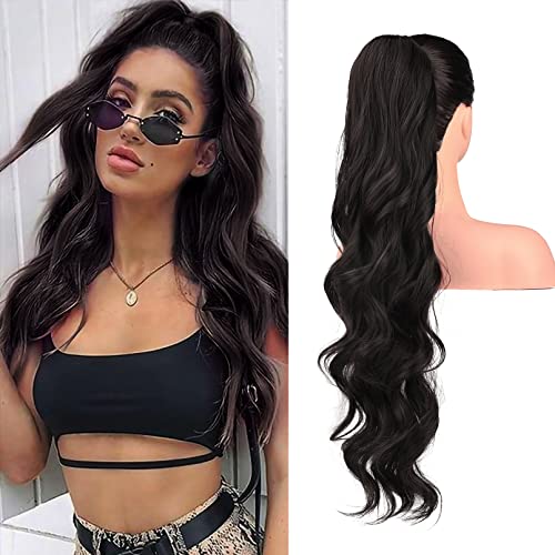SEIKEA 26 Long Wavy Drawstring Ponytail for Black Women Natural Soft Clip in Ponytail Extension Synthetic Heat Resistant Hair Extensions Hairpiece Color Black Brown