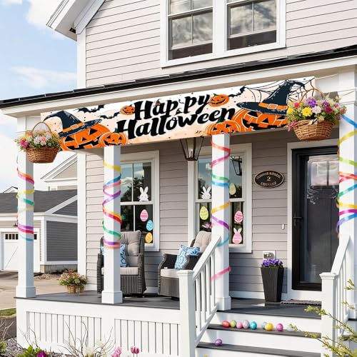Image of Halloween Pumpkin Outdoor Banner 78.7 x 17.7 Inch Happy Halloween Scene with Jack O Lanterns Witch Hats Bats and Spider Webs for Yard Garden Fence Porch Patio or Outdoor Decoration