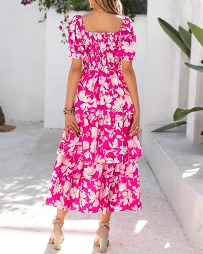 Image of BTFBM Womens Floral Smocked Summer Maxi Dresses | Square Neck Puff Short Sleeve Ruffle Tiered, 2026 Trendy Casual Sundress, Cruise Holiday Beach Vacation Wedding Guest Dress