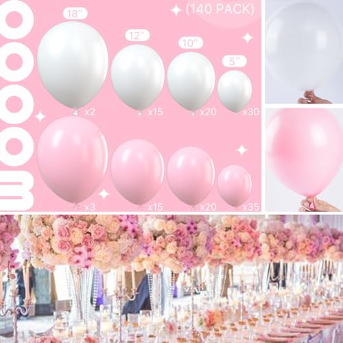 Image of PartyWoo Pink and White Balloons, 140 pcs Pastel Pink and White Balloons Different Sizes Pack of 18 Inch 12 Inch 10 Inch 5 Inch for Balloon Garland or Arch as Birthday Decorations, Party Decorations