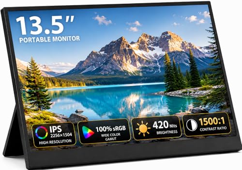 Image of 13.5 inch Portable Monitor 2256x1504 IPS Laptop Screen, Slim Lightweight Dual USB C HDMI Computer Gaming Display with Speakers, Travel Monitor for PC Phone PS5 /4 Xbox Switch