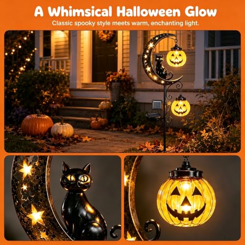 Solar Halloween Black Cat & Pumpkin Moon Garden Stake Light, Metal Crescent Moon & Pumpkin Lantern, Outdoor Waterproof LED Yard Decoration with Crescent Moon, for Patio Lawn Path Yard (B #) - image 7
