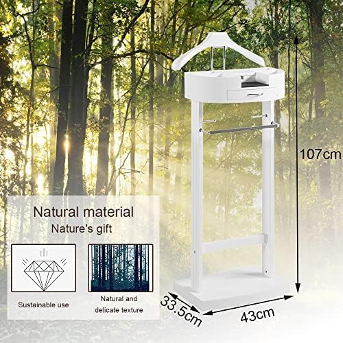 Serene16 - Servomuto in legno massello con cassetto e barra per pantaloni, in legno bianco, per ufficio, soggiorno, camera da letto, giacca, organizer