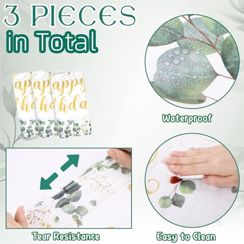Image of Hahafelt 3 Pcs Sage Green Disposable Tablecloth Happy Birthday Table Cover 54 x 108 Inch Eucalyptus Leaf Plastic Table Cloth Greenery Birthday Party Decorations for Boys Girls Women Men