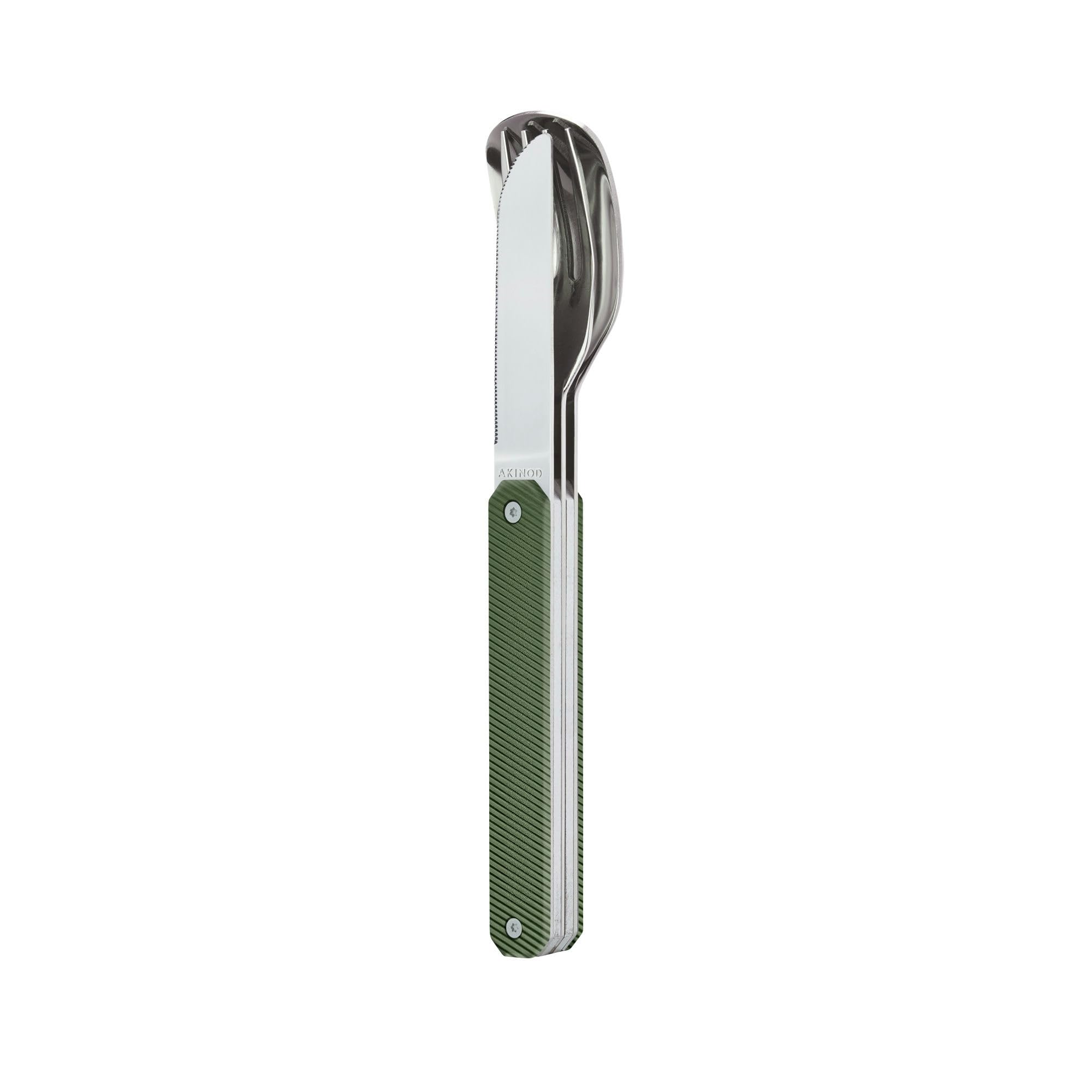 Akinod - Couverts 12:34 - Fourchette + Couteau + Cuillère - Assemblage Aimanté - Couverts en Acier Inoxydable Nomades, Compacts, Durables et Élégants - Aluminium kaki