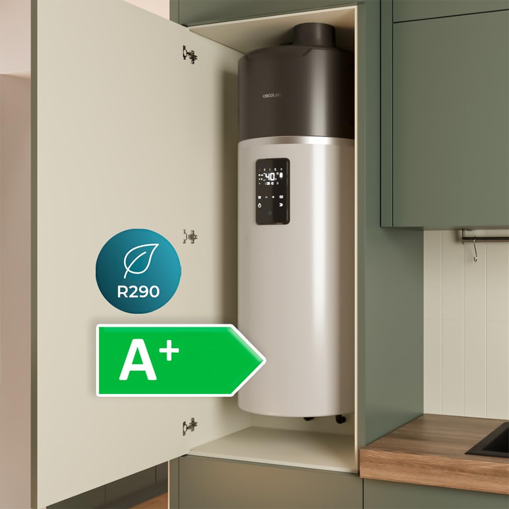 Cecotec Termo con Aerotermia de 100L, Calentador de Agua AeroThermal 100 Water Connected. Energía Sostenible, Bajo Consumo, Pantalla Táctil, Control por APP, R290, Temperatura hasta 75ºC