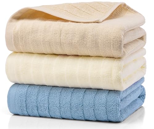 HomeFirst バスタオル 3枚セット ホテル仕様 ふわふわ 綿100% 耐久性 厚手 毛羽落ち少ない 柔らかな肌触り 吸水 速乾 家庭、ホテル、スポーツなどに最適 無地 3色 70ｘ140cm カーキ ブルー ベージュ
