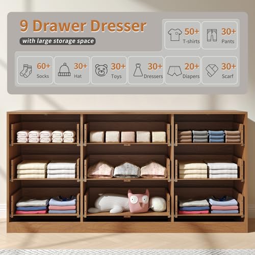 Image of Fluted Dresser for Bedroom with 9 Drawer, 63 inch Wide Wooden Dresser Mid Century Chest of Drawers with Handle, Dressers TV Stand Storage Organizer for Bedroom, Living Room, Natural Wood