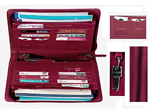 Image of Sukeshcraft Multiple Cheque Book Holder | Original PU Holds Upto 8 Cheque Books, 14 Credit /Debit Card Slots with Matching Zipper (Pu- Meroon)